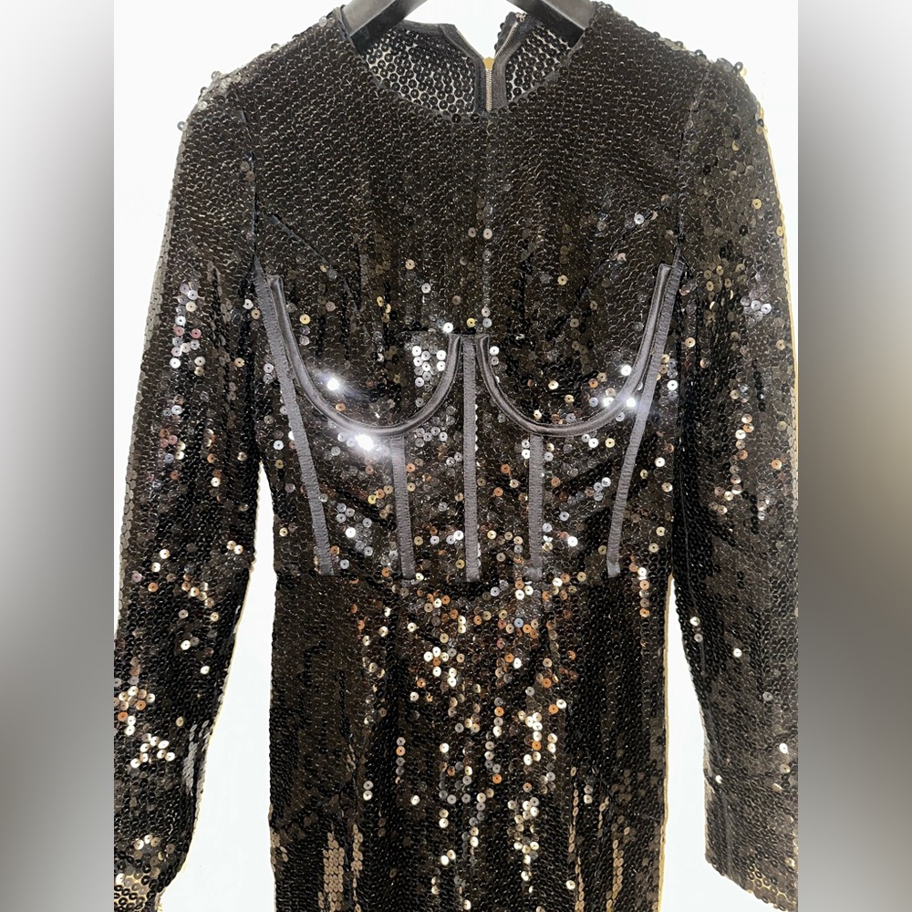 Dolce & Gabbana Silver Sequin Long Sleeve Gown